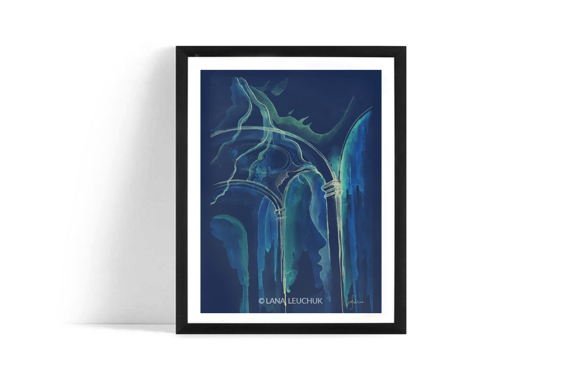 artwork-by-Lana-Leuchuk-arches-and-faces-blue-black-frame